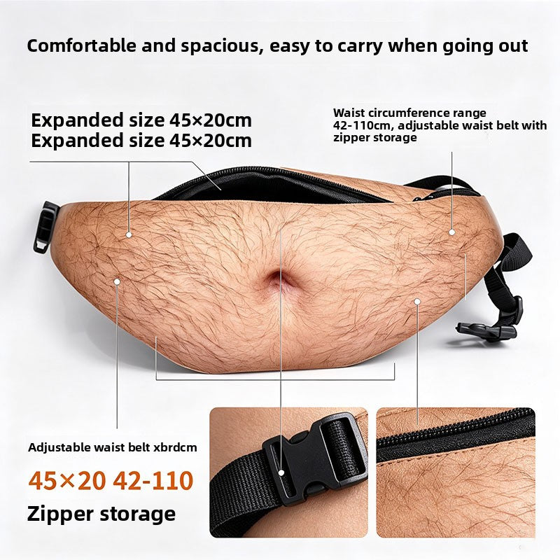 Funny Fake Belly Waist Bag - Novelty Dad Bod Fanny Pack, Adjustable PU Leather Belt Bag with Zipper