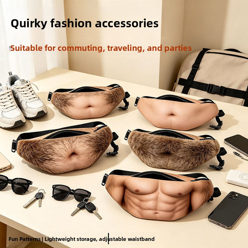 Funny Fake Belly Waist Bag - Novelty Dad Bod Fanny Pack, Adjustable PU Leather Belt Bag with Zipper