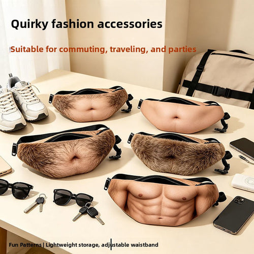 Funny Fake Belly Waist Bag - Novelty Dad Bod Fanny Pack, Adjustable PU Leather Belt Bag with Zipper