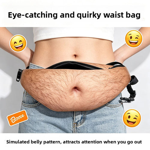 Funny Fake Belly Waist Bag - Novelty Dad Bod Fanny Pack, Adjustable PU Leather Belt Bag with Zipper