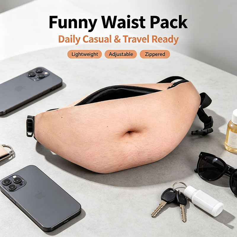 Funny Fake Belly Waist Bag - Novelty Dad Bod Fanny Pack, Adjustable PU Leather Belt Bag with Zipper