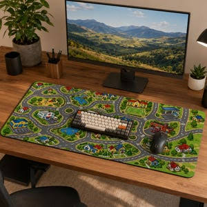 Retro Cartoon Road Map Desk Mat – Nostalgic 2000s Play Mat XXL Mouse Pad | Non-Slip Waterproof Gaming & Office Desk Mat